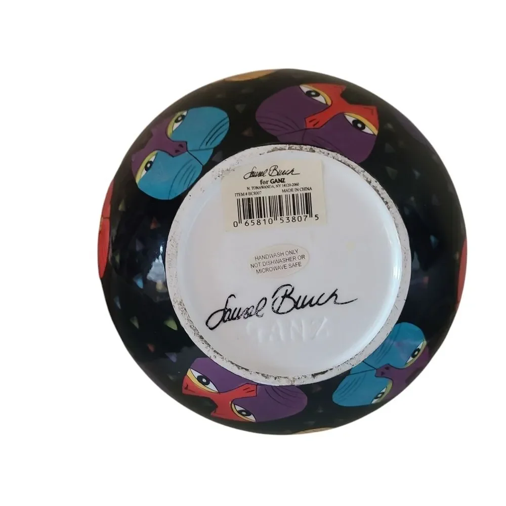 vintage 1998 laurel burch ganz pedastal bowl colorful cat design - Picture 4 of 6